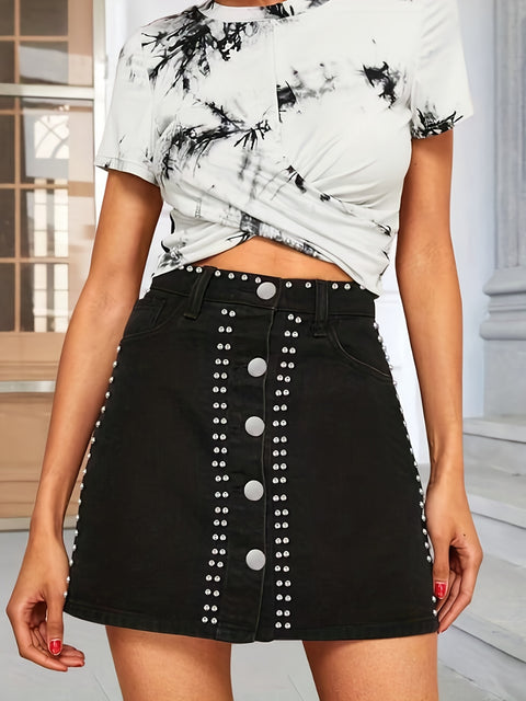 Black Rivet Decor Denim Skirt
