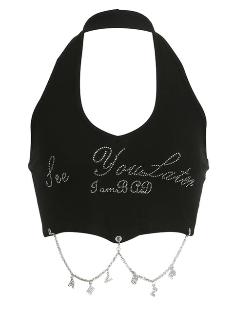 Black Metal Chain Halter Letter Top