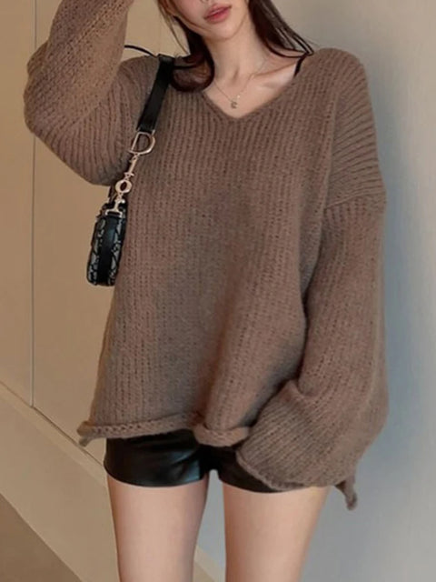 casual-brown-loose-ruched-pullover-knitted-top-1