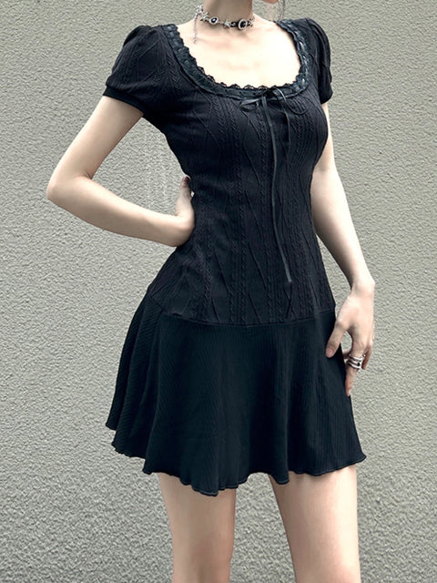 gothic-black-knitted-lace-puff-sleeve-a-line-short-dress-2