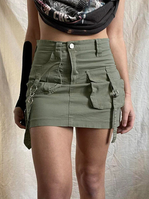 retro-green-denim-ribbon-cargo-pockets-short-skirt-2