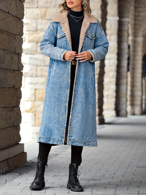 Blue Fleece Liner Long Denim Coat