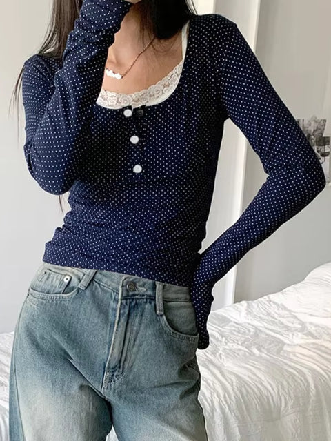 Cute Polka Dot Print Lace Patchwork Top