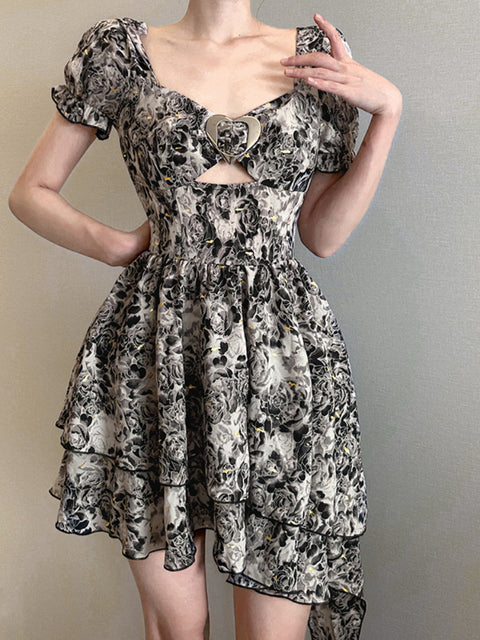 black-flowers-printing-square-neck-puff-sleeve-short-dress-1