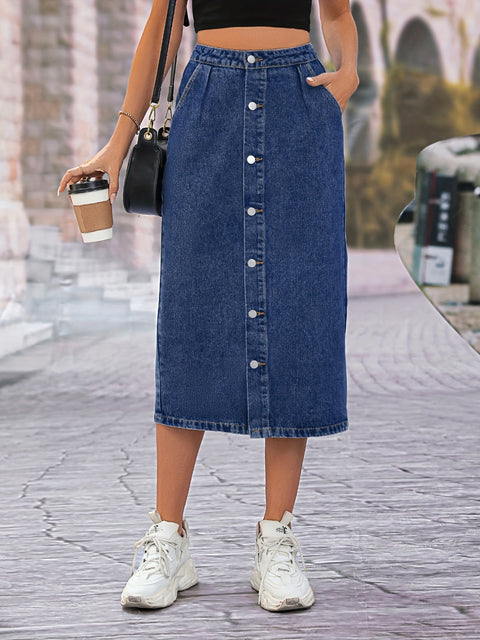 Single Breasted Button Denim Midi Skirt