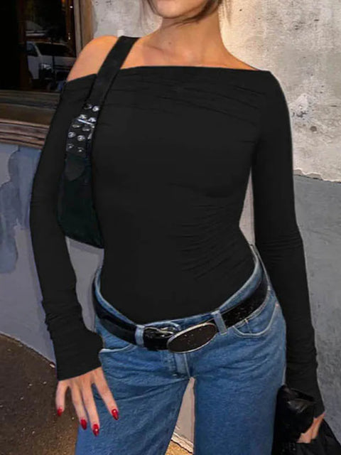 Black Skew Collar Long Sleeves Crop Top