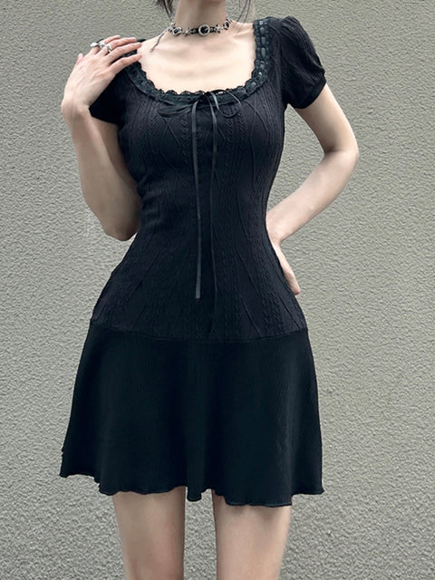 gothic-black-knitted-lace-puff-sleeve-a-line-short-dress-3