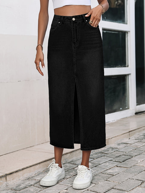 Plain Slash Pockets Denim Midi Skirt
