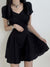 black-v-neck-folds-short-sleeve-a-line-dress-1