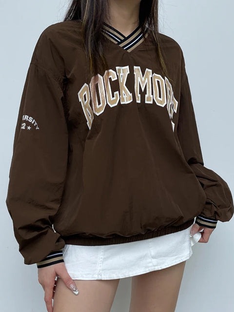Brown Stripe Loose Letter Print Hoodie-1