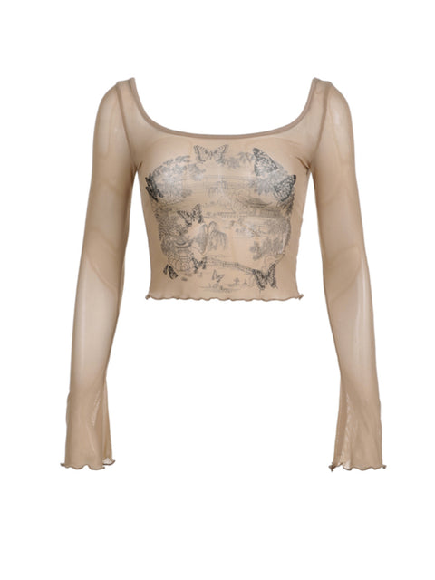khaki-butterfly-printed-mesh-frills-flare-sleeve-top-1