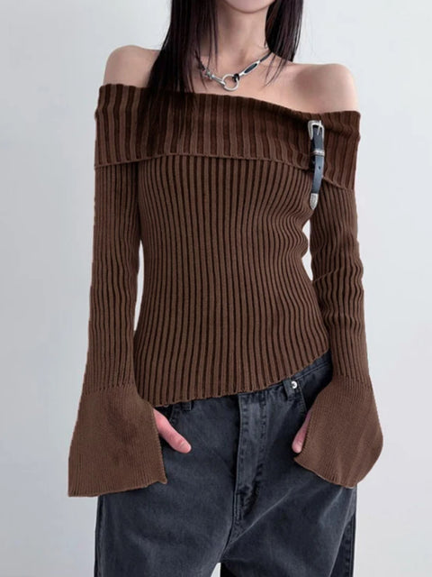 vintage-brown-stripe-buckle-off-shoulder-sweater-1
