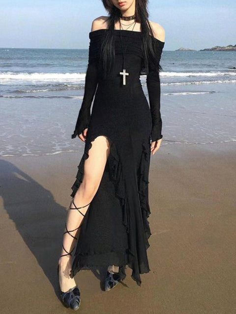 Gothic Black Side Split Maxi Dress