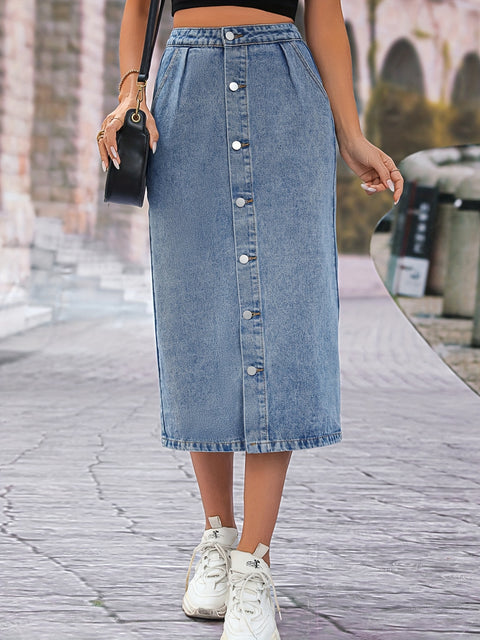 Single Breasted Button Denim Midi Skirt