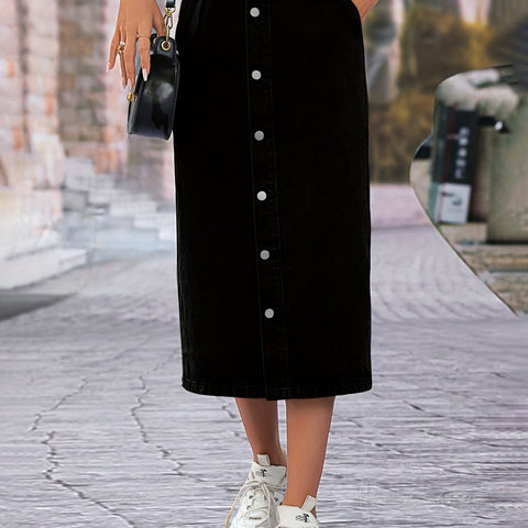 Single Breasted Button Denim Midi Skirt