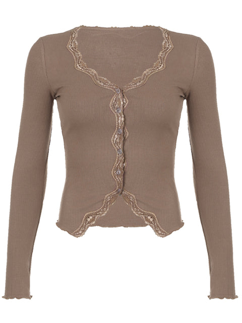 khaki-v-neck-knitted-lace-trim-long-sleeve-top-1