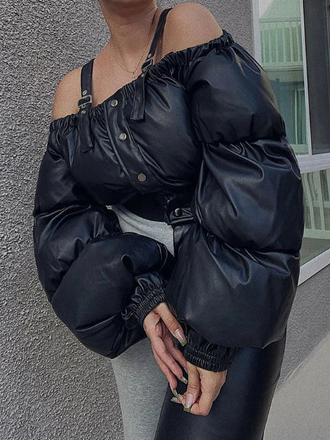 black-off-shoulder-buckle-buttons-puffer-coat-1