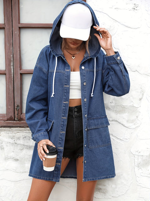 Plain Hooded Long Denim Jackets