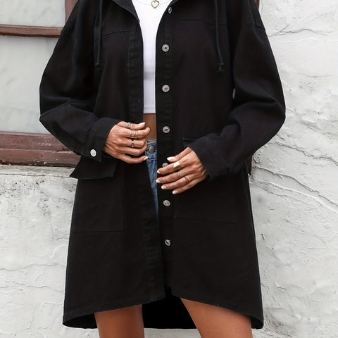 Plain Hooded Long Denim Jackets