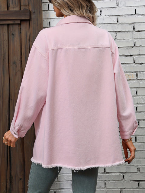 Plain Raw Long Sleeves Ripped Holes Denim Jackets