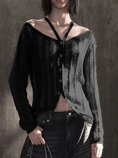 black-hollow-out-buttons-knitting-pullover-sweater-1