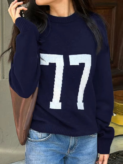 Casual Digital Print Dark Blue Sweater