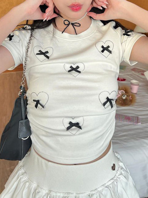 Sweet White Bow Heart Crop Top