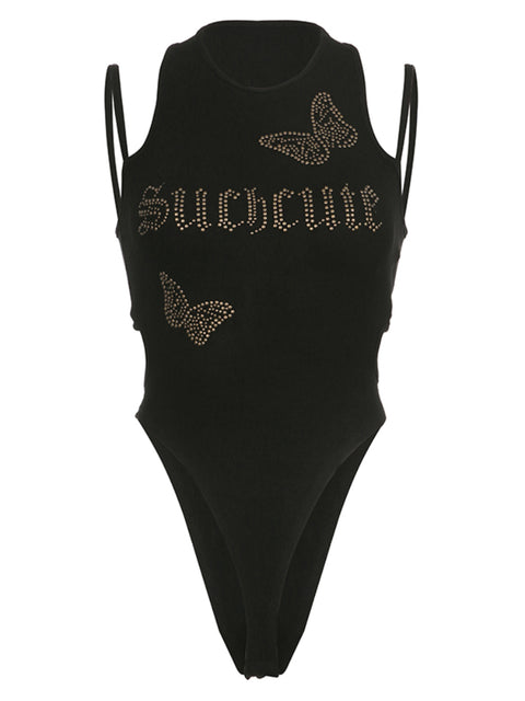 Black Butterfly Rhinestone Skinny  Bodysuit