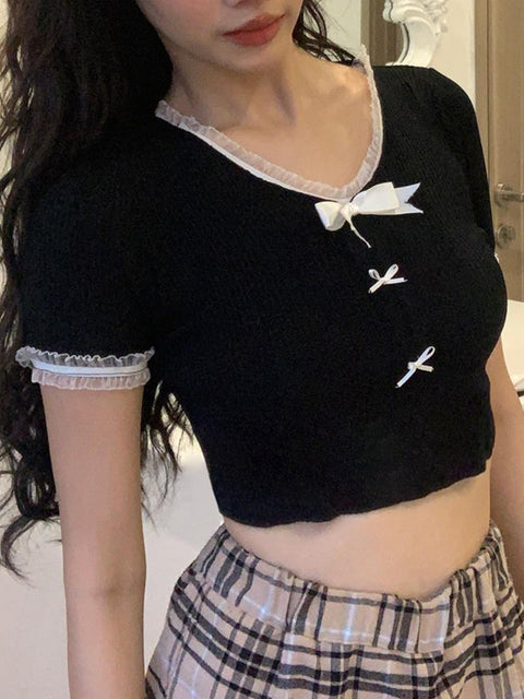 sweet-black-bow-ruched-spliced-top-1