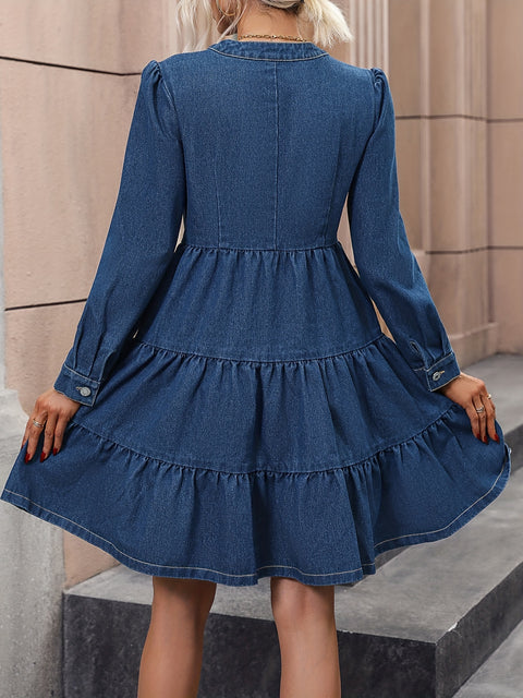 Dark Blue V Neck Denim Dress