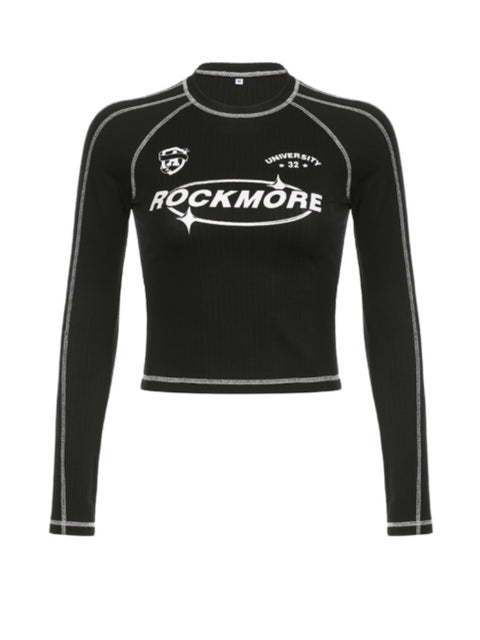 Black Knitted Letter Printed Long Sleeve Top
