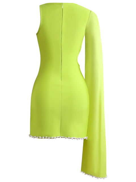 green-strapless-pearl-one-shoulder-long-sleeve-bandage-dress-2