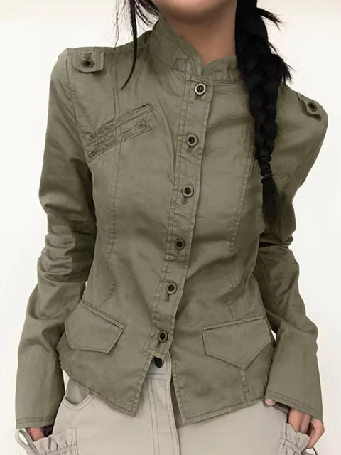 Stand Collar Buttons Pockets Coat