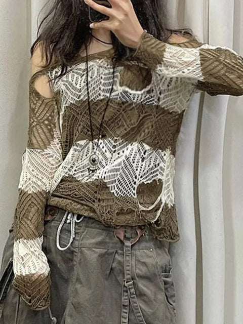 green-stripe-knitted-pullover-hollow-out-hole-ripped-sweater-1