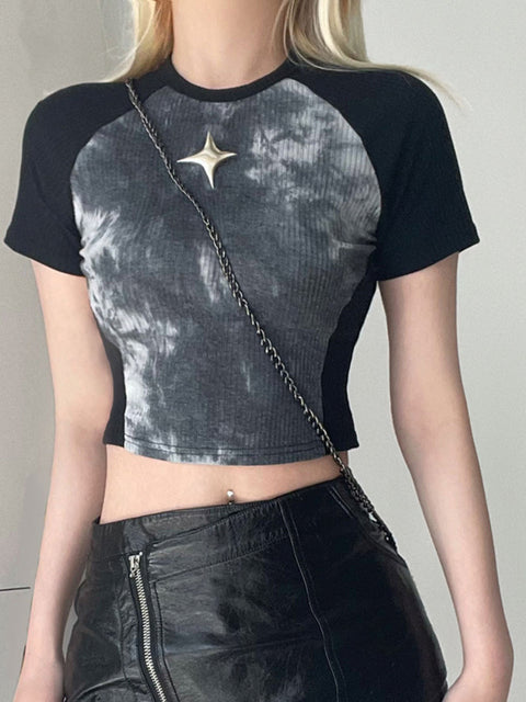 black-tie-dye-stitching-slim-printed-short-sleeve-top-1