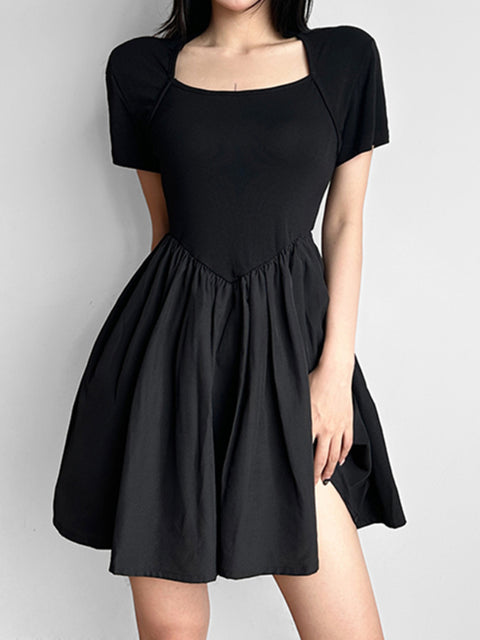 black-folds-basic-square-neck-short-sleeve-a-line-dress-2