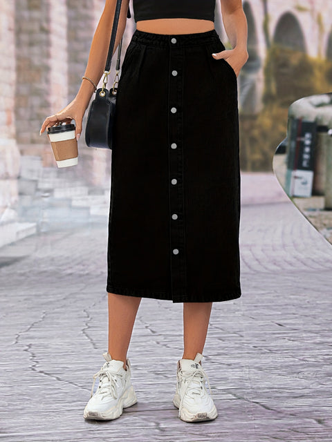 Single Breasted Button Denim Midi Skirt
