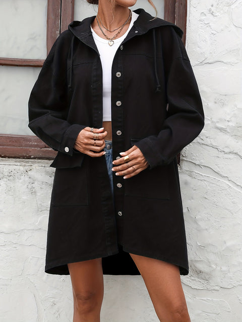 Plain Hooded Long Denim Jackets