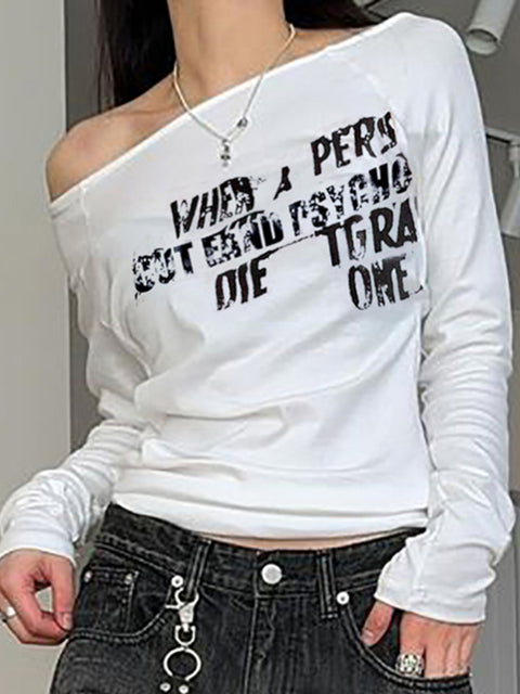 White Letter Print Skew Collar Knitted Top