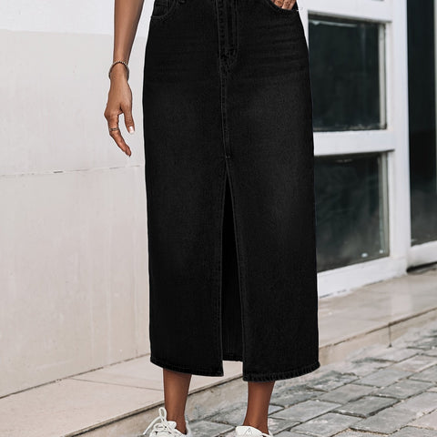 Plain Slash Pockets Denim Midi Skirt