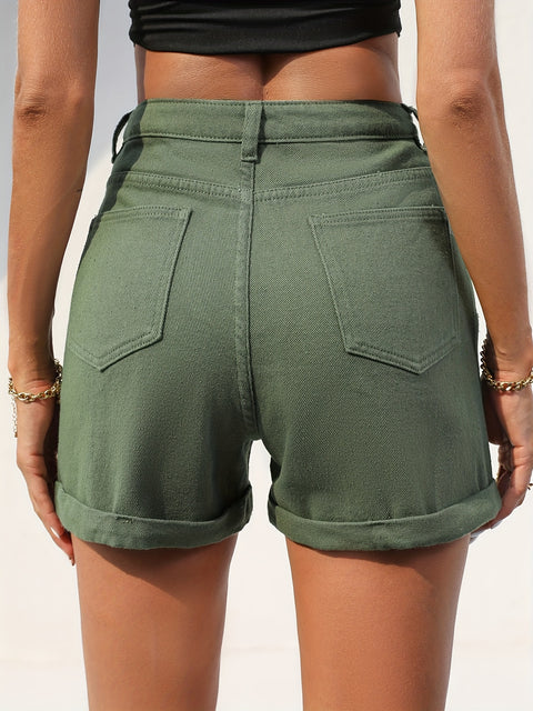 Army Green Rolled Hem Denim Shorts