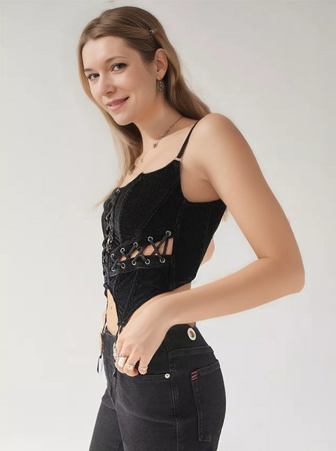 Black Velour Camisole Lace Up Gothic Tops