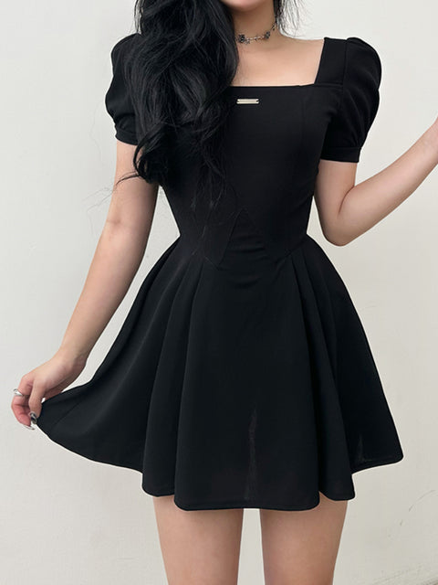 black-puff-sleeve-square-neck-a-line-pleated-dress-1