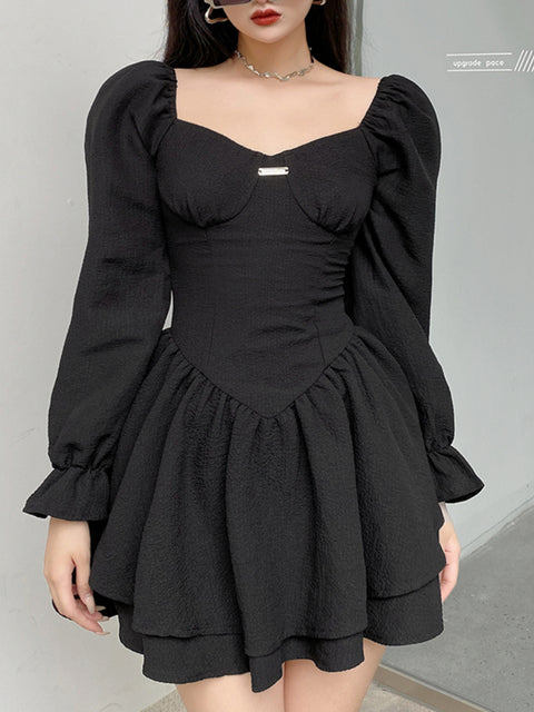 puff-sleeve-black-corset-pleated-sexy-double-layer-ruched-dress-1