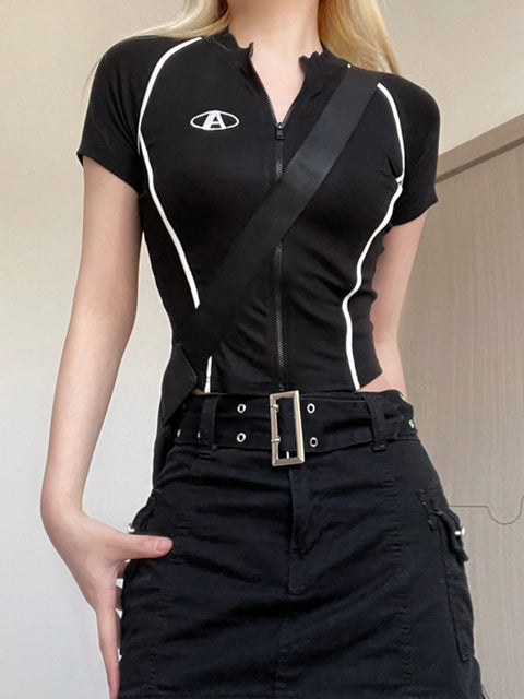 gothic-black-round-neck-short-sleeve-embroidered-zipper-top-2
