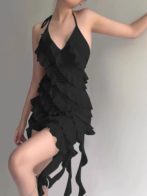 elegant-solid-color-lotus-edge-hanging-neck-irregular-streamer-dress-1