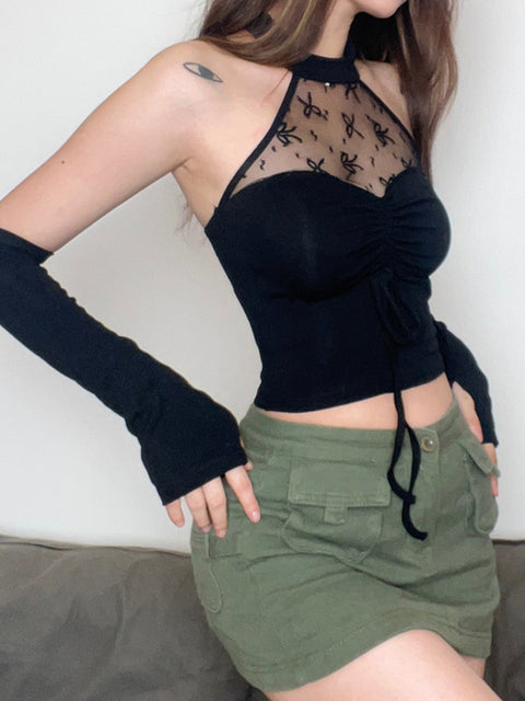 pieced-mesh-hanging-neck-sleeve-covers-drawstring-pleated-corset-backless-tops-3