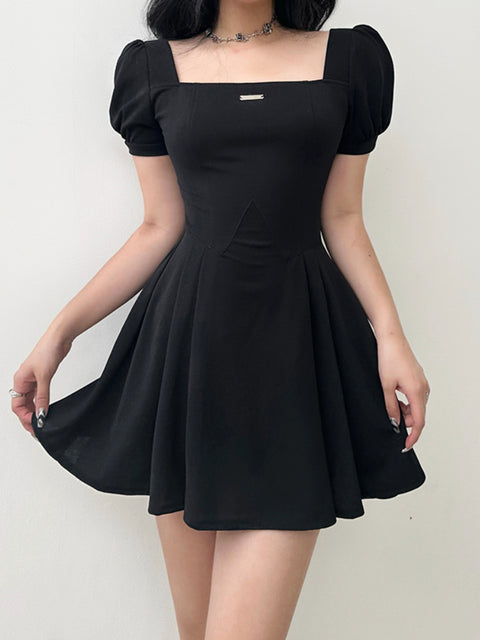 black-puff-sleeve-square-neck-a-line-pleated-dress-3