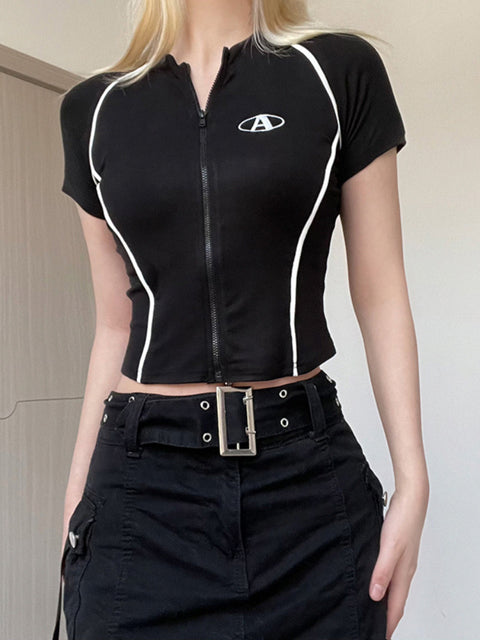 gothic-black-round-neck-short-sleeve-embroidered-zipper-top-1