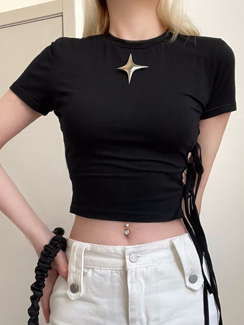 black-round-neck-lace-up-casual-short-sleeve-top-3